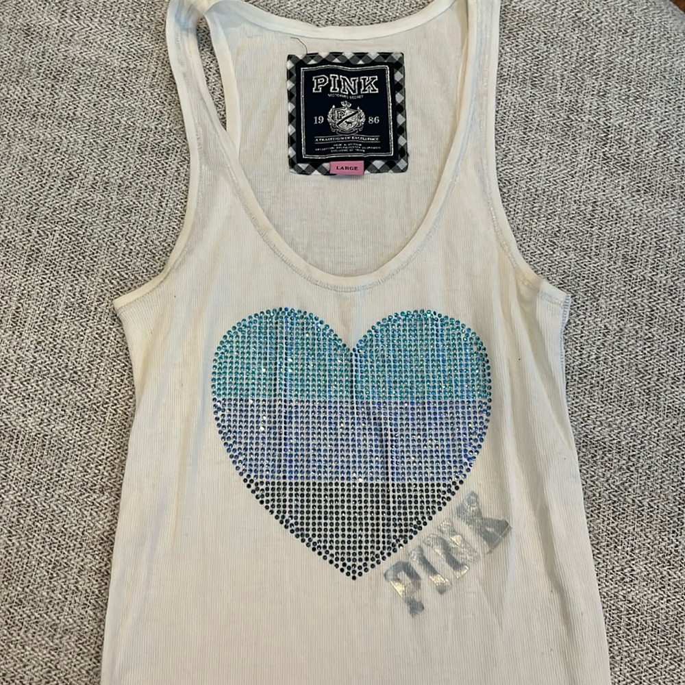 PINK, white tank top, size large.